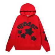 Front view of the vibrant red Sp5der Beluga Hoodie featuring bold black graphic print and a comfortable loose fit design.