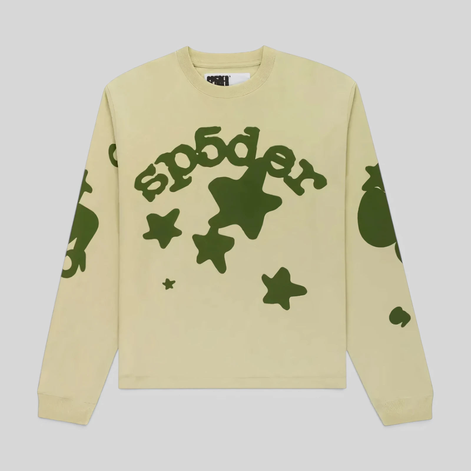 Sp5der Beluga Long-Sleeve in Tan, featuring a signature front graphic print from the SS25 streetwear collection.