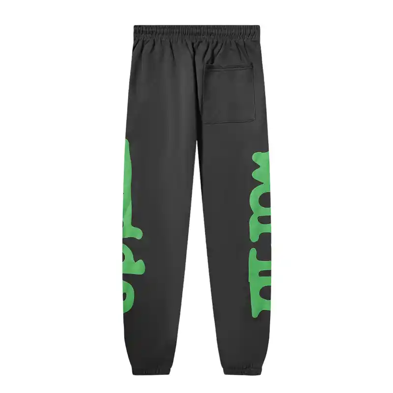Back view of the premium Sp5der Beluga Sweatpants in Jet-Black featuring iconic green graphic branding and a back pocket.