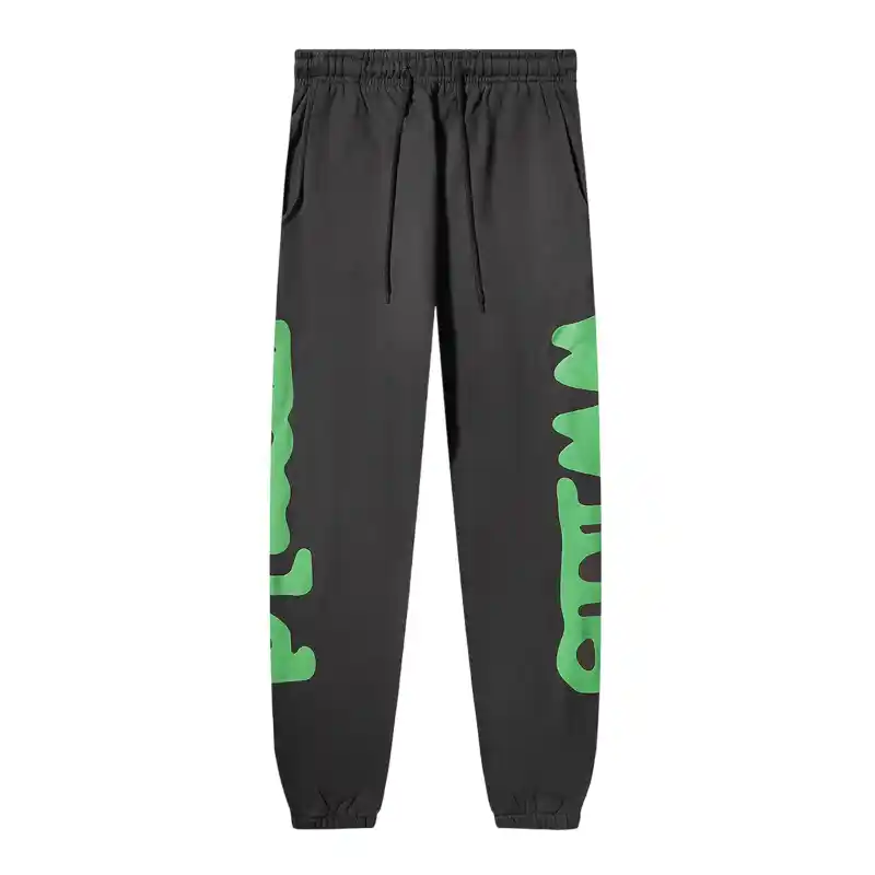 Front view of the premium Sp5der Beluga Sweatpants in Jet-Black, featuring a loose fit and signature distressed print.