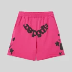 Vibrant pink Sp5der Beluga Sweatshorts with signature black graphic branding from the SS26 streetwear collection.