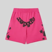 Vibrant pink Sp5der Beluga Sweatshorts with signature black graphic branding from the SS26 streetwear collection.