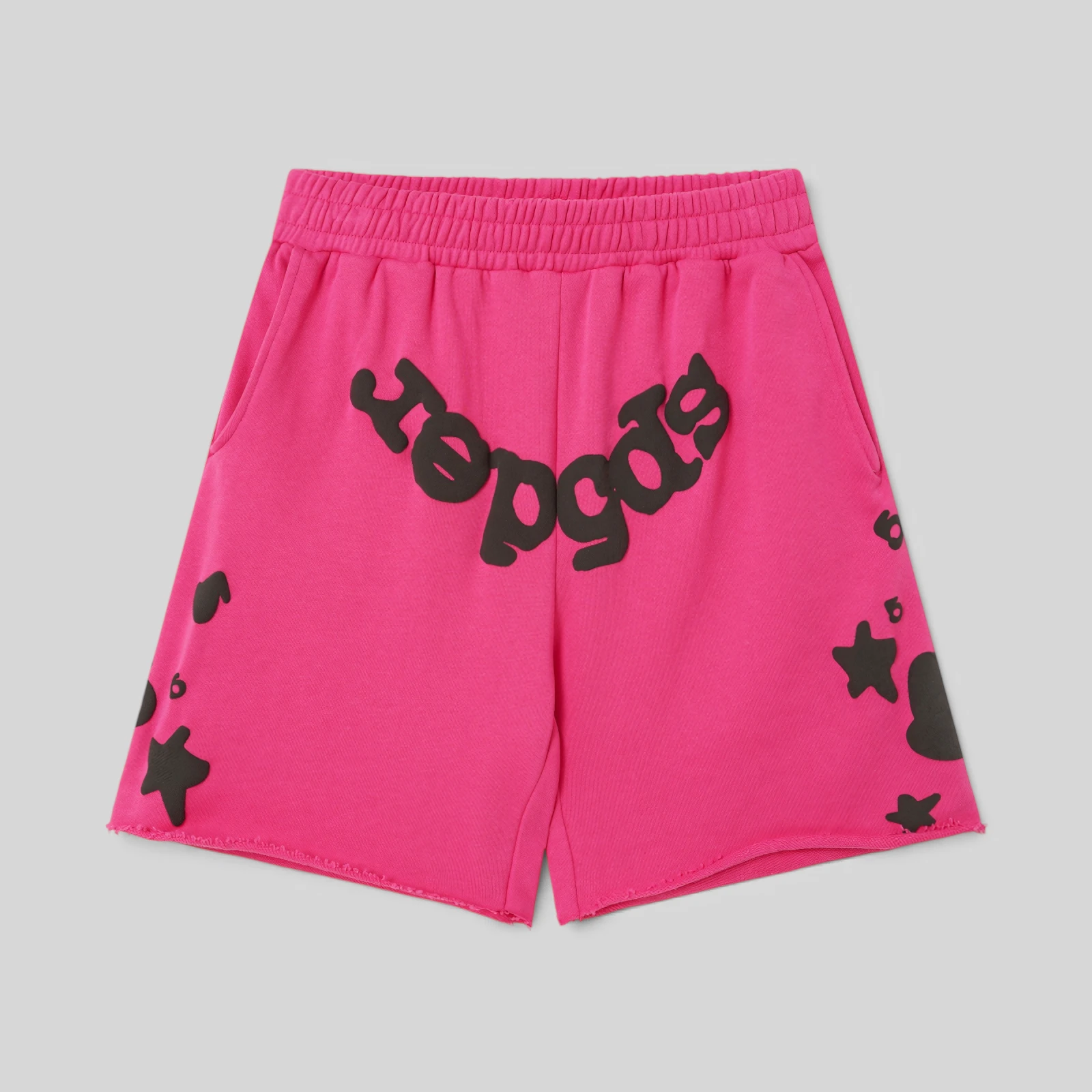 Vibrant pink Sp5der Beluga Sweatshorts with signature black graphic branding from the SS26 streetwear collection.