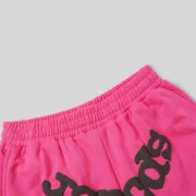 Close-up view of the elastic waistband and graphic branding on the vibrant Sp5der Beluga Sweatshorts in Pink.
