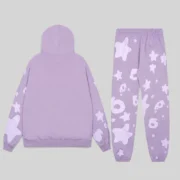 Back view of the purple Sp5der Beluga V2 tracksuit, showcasing the hoodie and matching patterned sweatpants.