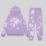 Purple Sp5der Beluga V2 tracksuit featuring a graphic hoodie and matching sweatpants from the Archive collection.