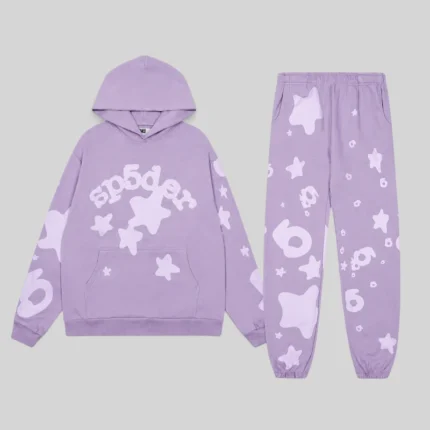 Purple Sp5der Beluga V2 tracksuit featuring a graphic hoodie and matching sweatpants from the Archive collection.