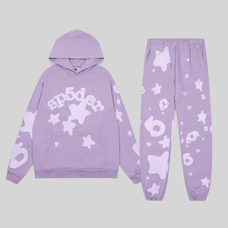 Purple Sp5der Beluga V2 tracksuit featuring a graphic hoodie and matching sweatpants from the Archive collection.