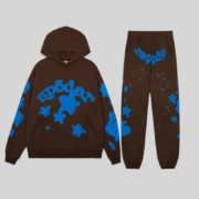 Sp5der Beluga V2 Tracksuit in Brown featuring a matching pullover hoodie and joggers with blue graphic star details.