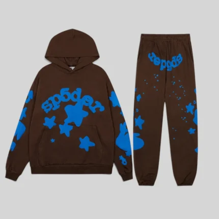 Sp5der Beluga V2 Tracksuit in Brown featuring a matching pullover hoodie and joggers with blue graphic star details.