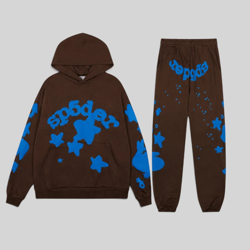 Sp5der Beluga V2 Tracksuit in Brown featuring a matching pullover hoodie and joggers with blue graphic star details.