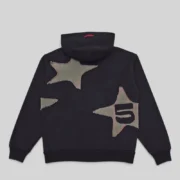 Back view of the black Sp5der Big Star full zip hoodie featuring frayed star patches on the premium cotton fleece.