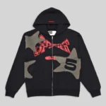 Front view of the Sp5der Big Star Full Zip Hoodie in black, featuring frayed star patches and premium cotton fleece.
