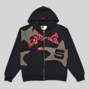 Front view of the Sp5der Big Star Full Zip Hoodie in black, featuring frayed star patches and premium cotton fleece.