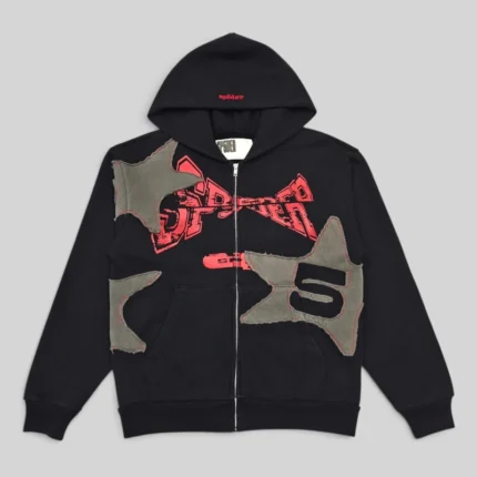 Front view of the Sp5der Big Star Full Zip Hoodie in black, featuring frayed star patches and premium cotton fleece.