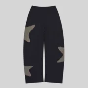 Sp5der Big Star Black Wide Leg Sweatpants with frayed star patches, back view showing the 13oz cotton fleece design.