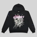 Front view of the black Sp5der CB Punk V2 Hoodie featuring a white spiderweb graphic and pink logo print.