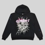 Front view of the black Sp5der CB Punk V2 Hoodie featuring a white spiderweb graphic and pink logo print.