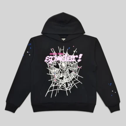 Front view of the black Sp5der CB Punk V2 Hoodie featuring a white spiderweb graphic and pink logo print.