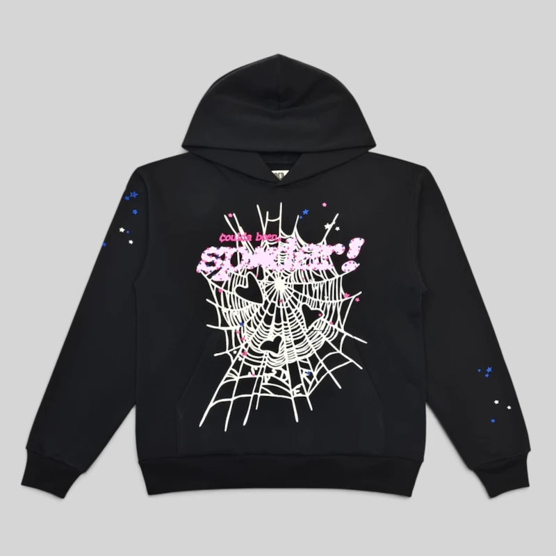 Sp5der CB Punk V2 Hoodie Black Front View Front view of the black Sp5der CB Punk V2 Hoodie featuring a white spiderweb graphic and pink logo print.
