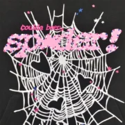 Close-up of the Sp5der CB Punk V2 Hoodie featuring a detailed white spiderweb graphic print and pink branding.