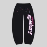 Front view of black Sp5der CB Punk V2 sweatpants featuring vibrant graphic print and cotton fleece construction.