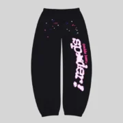 Front view of black Sp5der CB Punk V2 sweatpants featuring vibrant graphic print and cotton fleece construction.