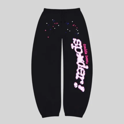 Front view of black Sp5der CB Punk V2 sweatpants featuring vibrant graphic print and cotton fleece construction.