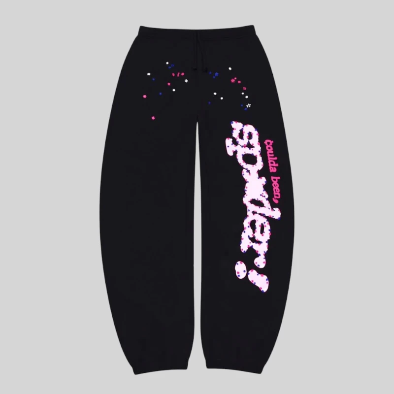 Front view of black Sp5der CB Punk V2 sweatpants featuring vibrant graphic print and cotton fleece construction.