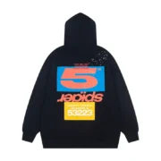 Back view of the black Sp5der cropped hoodie featuring a large blue and orange graphic print and iconic branding.
