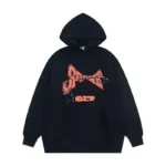 Front view of the black Sp5der cropped hoodie featuring a graphic print with a loose fit and high-quality design.