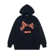 Front view of the black Sp5der cropped hoodie featuring a graphic print with a loose fit and high-quality design.