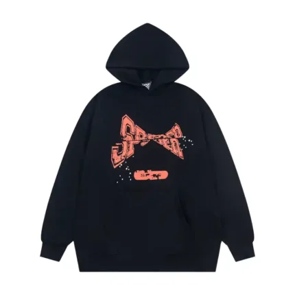 Front view of the black Sp5der cropped hoodie featuring a graphic print with a loose fit and high-quality design.