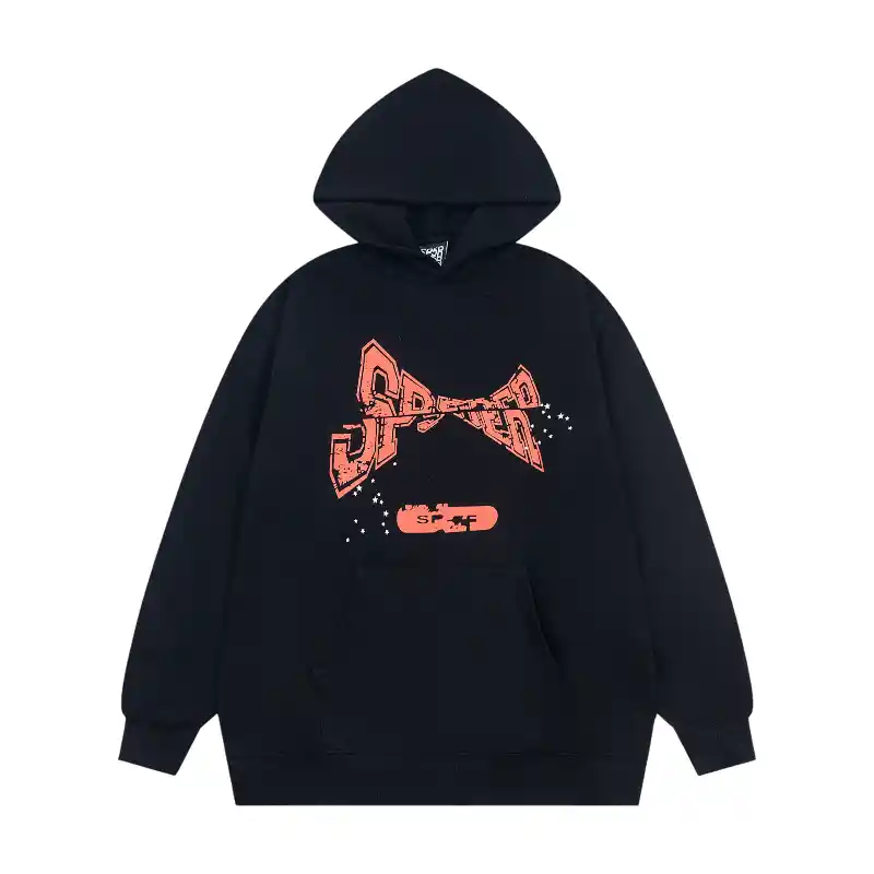 Sp5der Cropped Hoodie Black Front View Front view of the black Sp5der cropped hoodie featuring a graphic print with a loose fit and high-quality design.