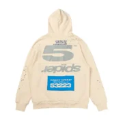 Back view of the cream Sp5der Cropped Hoodie featuring Five Pro Motocross graphic branding and blue patch design.