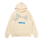 Front view of the premium cream Sp5der cropped hoodie featuring unique distressed print and urban style design.