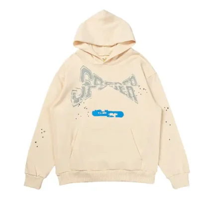 Front view of the premium cream Sp5der cropped hoodie featuring unique distressed print and urban style design.