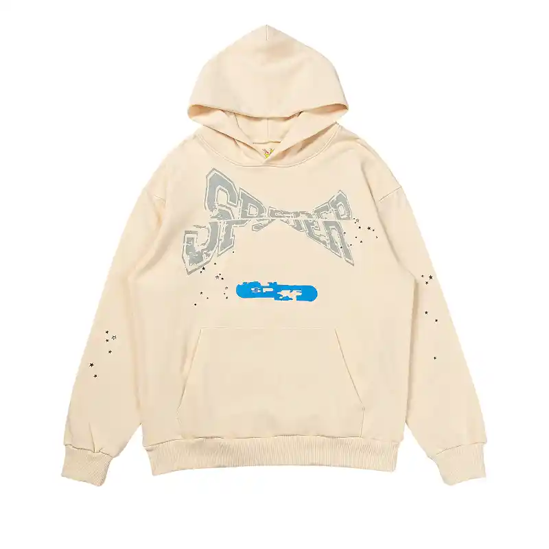 Sp5der Cropped Hoodie Cream Front View Front view of the premium cream Sp5der cropped hoodie featuring unique distressed print and urban style design.