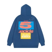 Back view of the Sp5der Cropped Hoodie in Navy-Blue featuring a vibrant colorful graphic print and urban design.