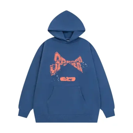 Front view of the Sp5der cropped hoodie in navy blue featuring iconic branding and a premium loose fit construction.