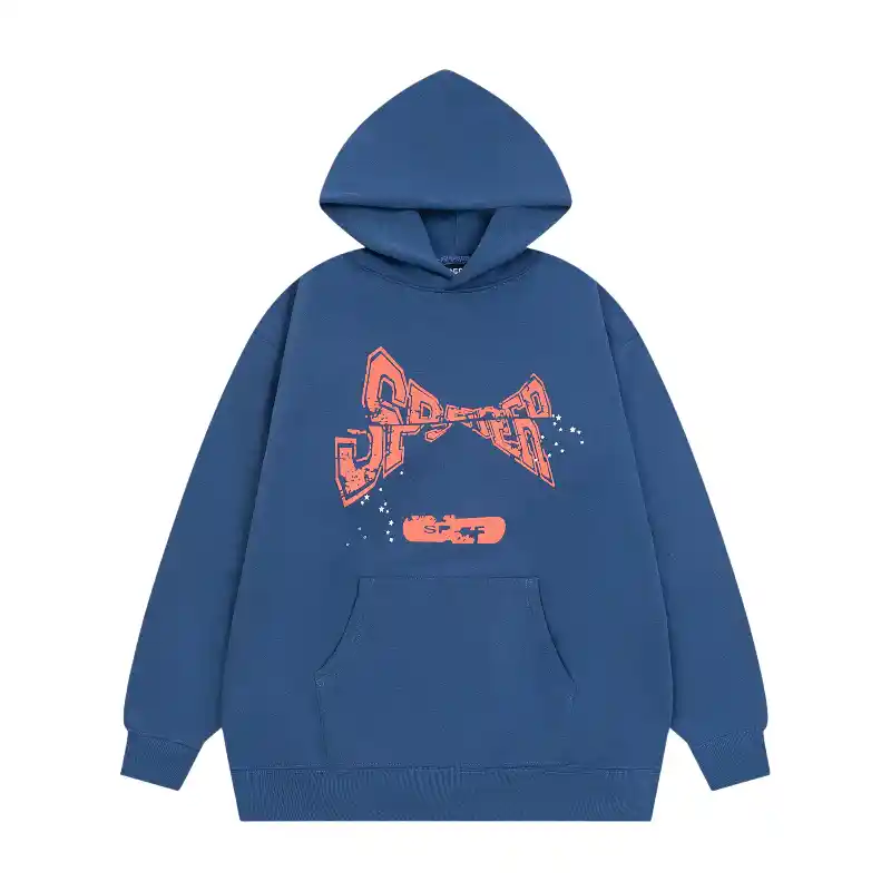 Sp5der Cropped Hoodie Navy Blue Front View Front view of the Sp5der cropped hoodie in navy blue featuring iconic branding and a premium loose fit construction.