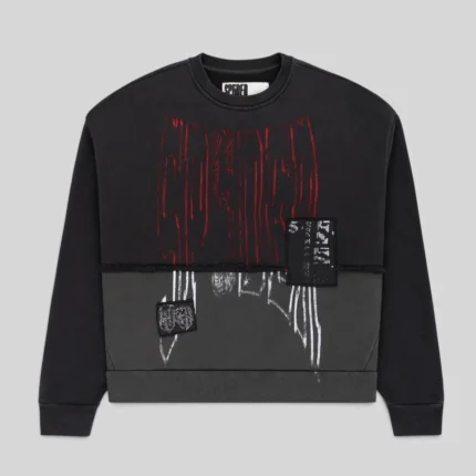 Sp5der Diffused Collegiate Crewneck in black featuring bold front graphic print and signature streetwear details.