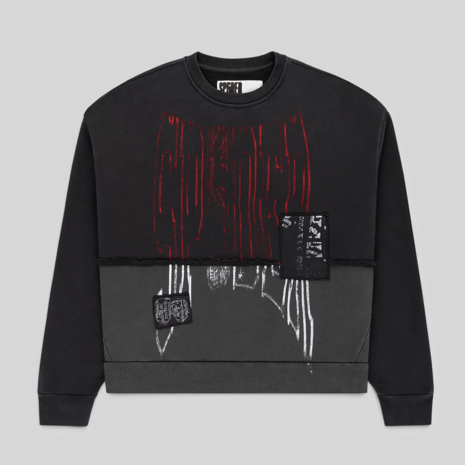 Sp5der Diffused Collegiate Crewneck in black featuring bold front graphic print and signature streetwear details.