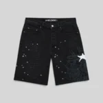 Sp5der Heavy Web Denim Short in Black featuring a stylish front view with detailed white star and web graphic prints.