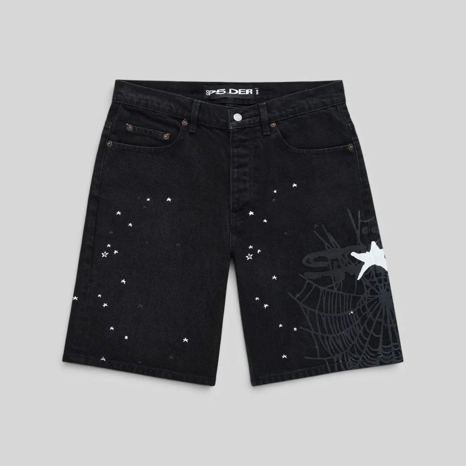 Sp5der Heavy Web Denim Short in Black featuring a stylish front view with detailed white star and web graphic prints.
