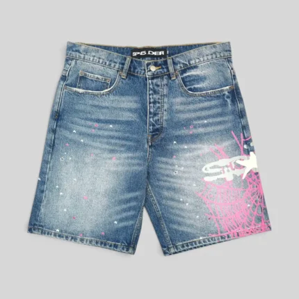 Sp5der Heavy Web Denim Shorts in Light Blue featuring iconic web aesthetic and graphic print for streetwear style.