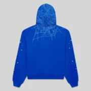 Back view of the Sp5der Tory Blue Heavy Web full zip hoodie featuring a signature web print on the hood and sleeves.