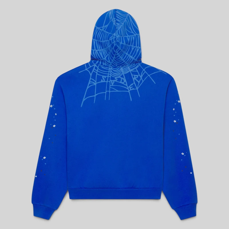 Back view of the Sp5der Tory Blue Heavy Web full zip hoodie featuring a signature web print on the hood and sleeves.