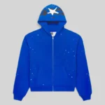Front view of the Sp5der Heavy Web Full Zip Hoodie in Tory Blue, featuring 13oz cotton fleece and iconic star graphics.