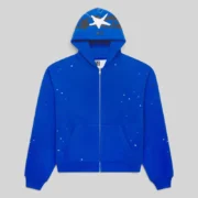 Front view of the Sp5der Heavy Web Full Zip Hoodie in Tory Blue, featuring 13oz cotton fleece and iconic star graphics.